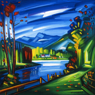 A vibrant, expressionistic painting of a landscape with a lake, trees, mountains, and a blue sky. By Raymond Murray